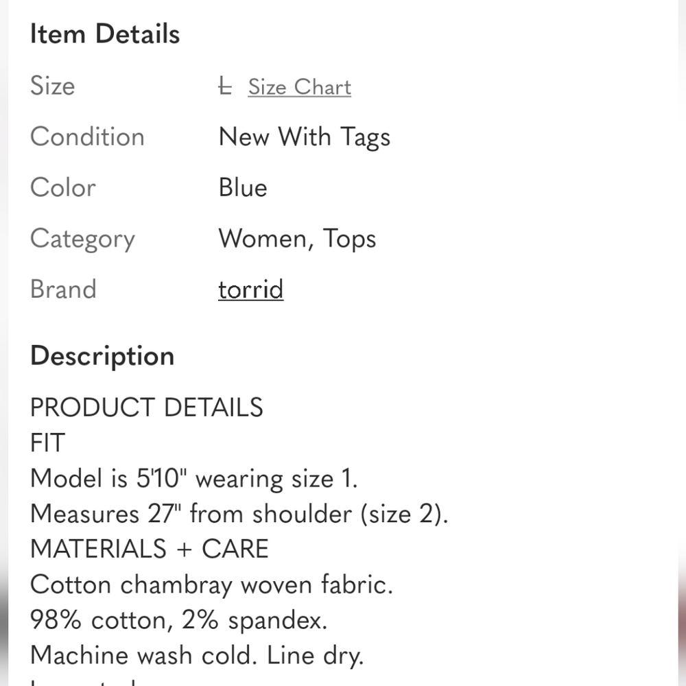 NWT Torrid 0 L 12 Chambray Tie Waist Utility Jacket Blue J-3333 - Picture 7 of 8